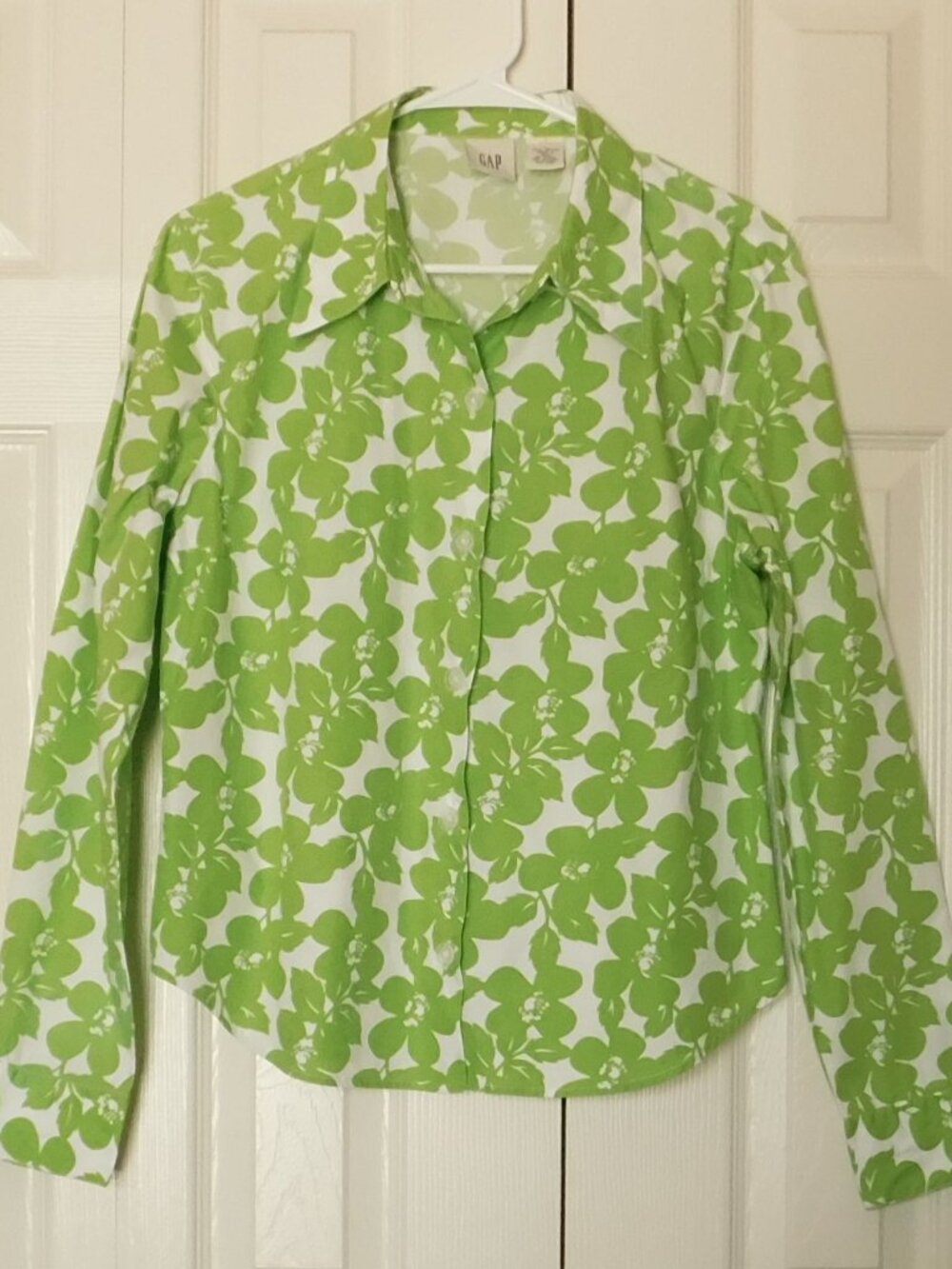 GAP Green & White Floral Button Up Shirt Long Sleeve Casual Preppy Womens Large